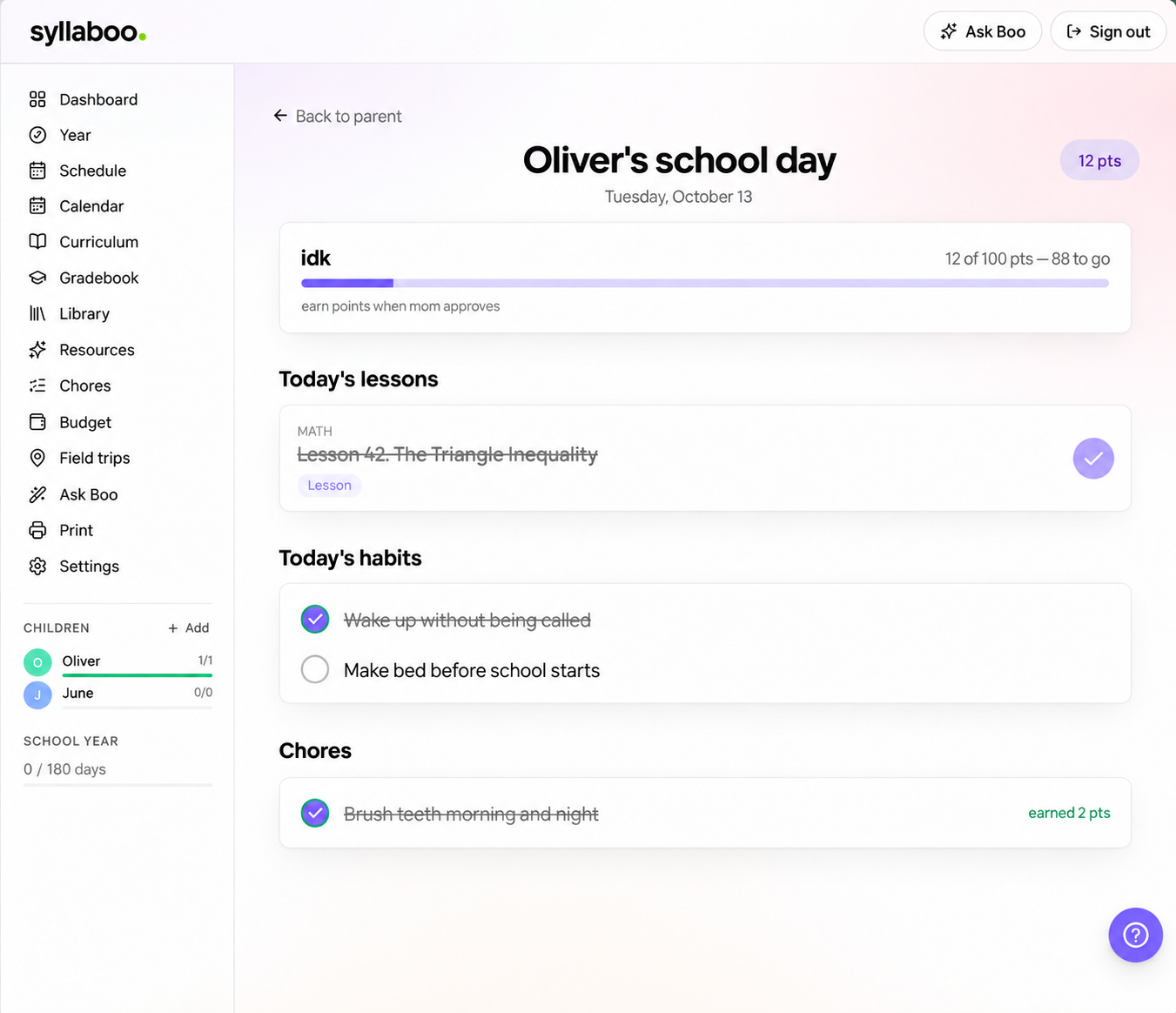 Oliver's Syllaboo Today view with lessons, habits, and chores